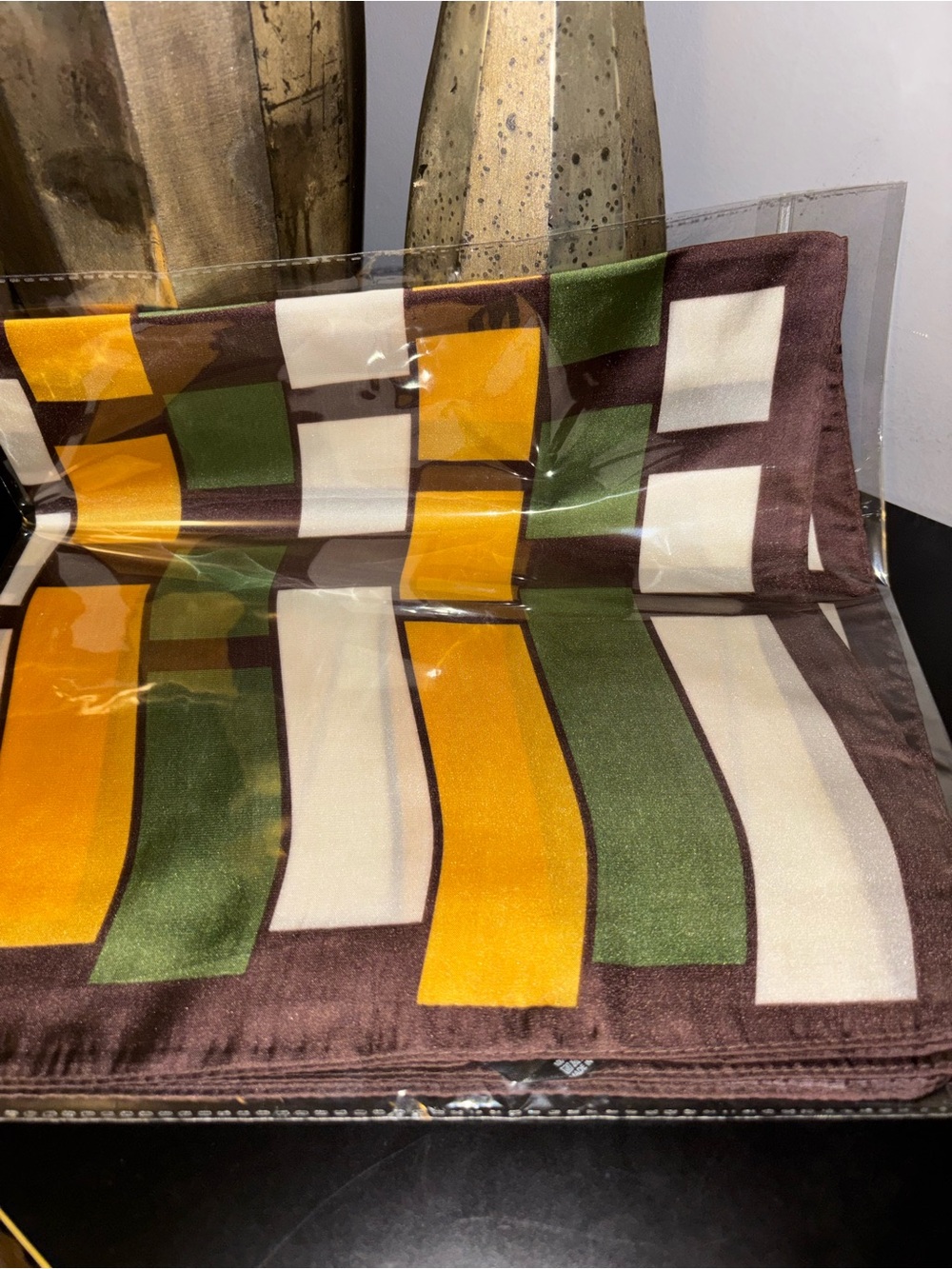 Retro Geometric Silk Scarf in Mustard, Olive & Cream